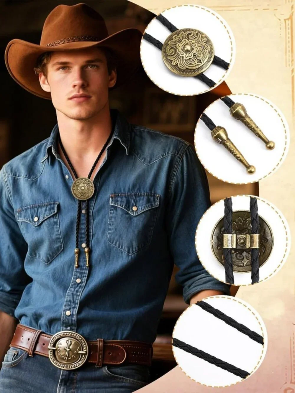 8-Piece Vintage Bolo Tie Set | Adjustable Western Leather Neckties | Cowboy